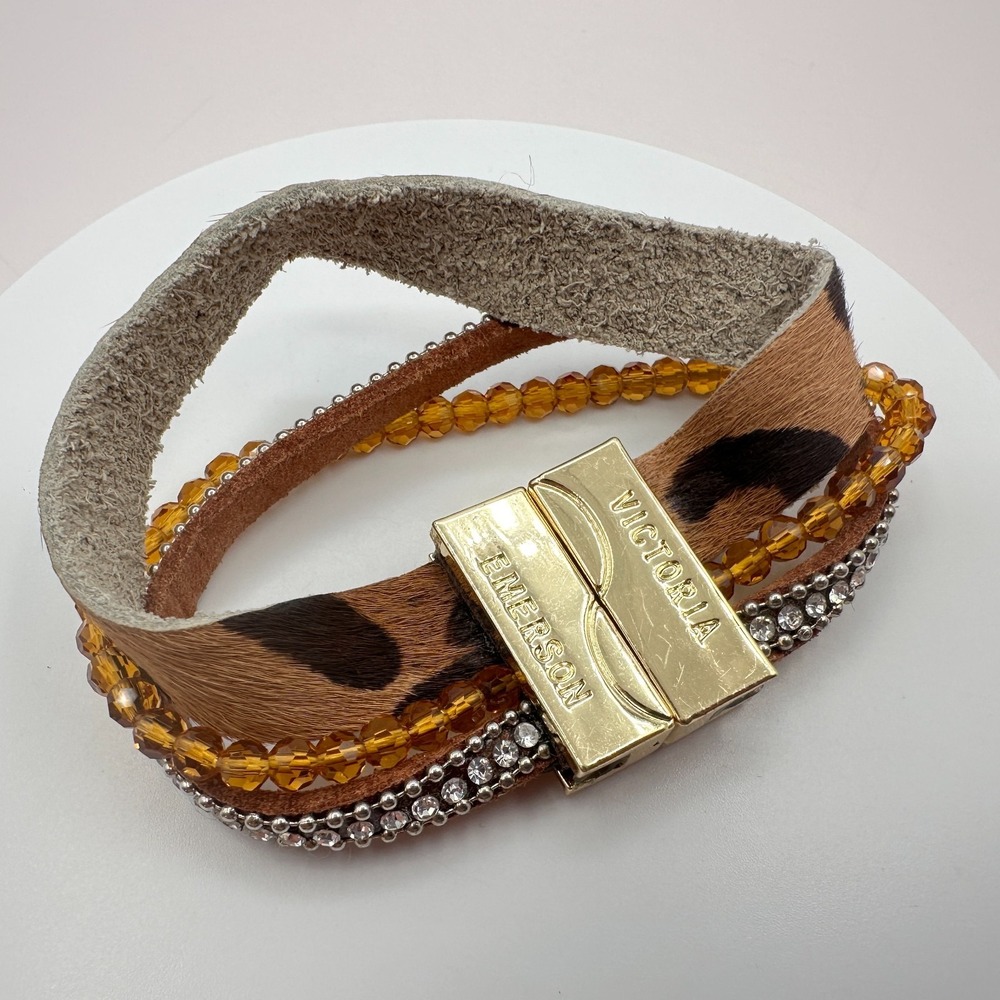 Victoria Emerson Gold Tone Multi Strand Leopard Hair Calf Wrap Bracelet
